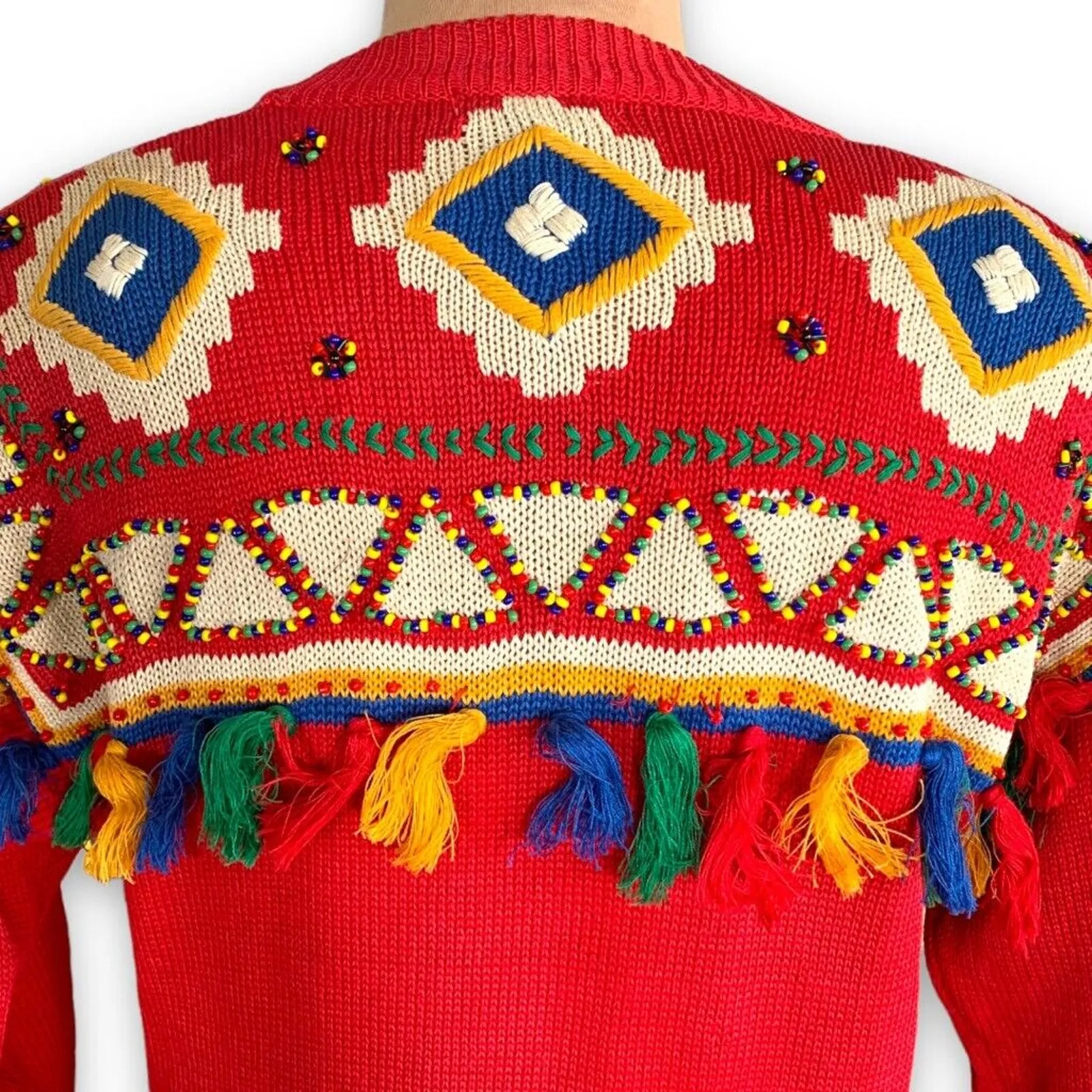 Vintage 80s Red Cardigan Sweater Beaded Southwestern Fringe Oversized Vneck XS - Image 7
