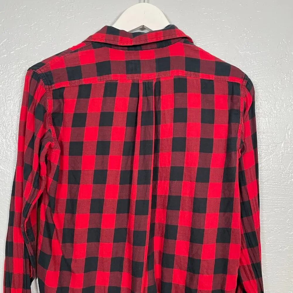 Women XS Black Red Plaid Shirt Long Sleeve Boyfriend - Image 9