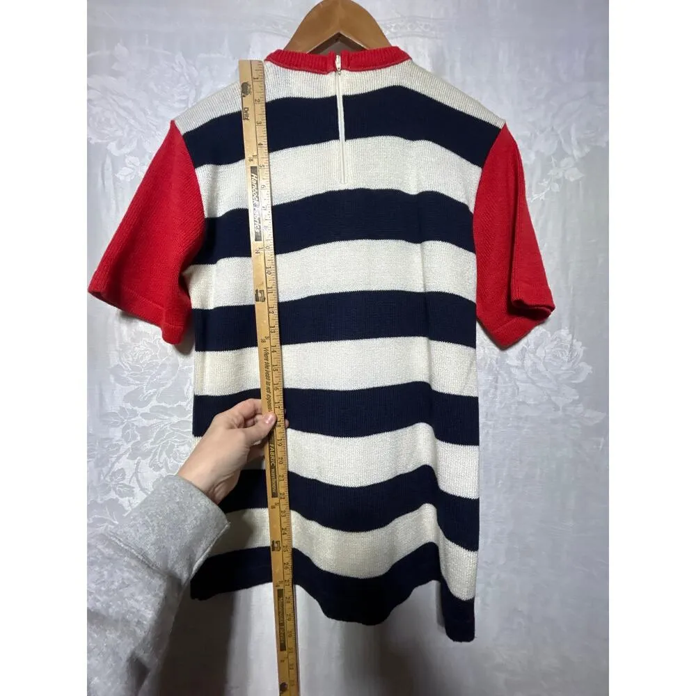 Ami Knits VTG Sweater 8 PETITE Navy White Stripes Short Slv Red Gold Buttons USA Blue - Image 10