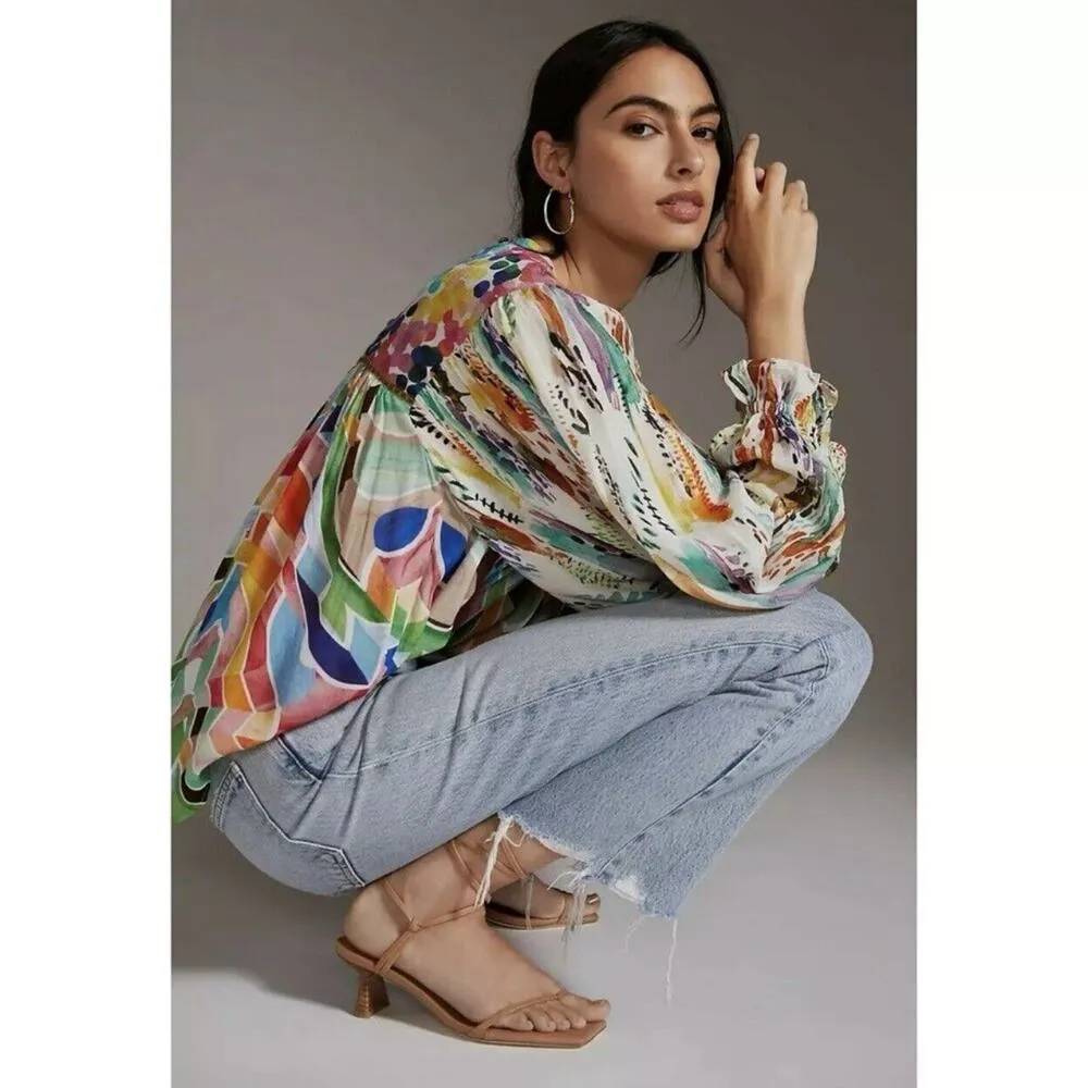 Anthropologie Bl-nk Miranda Green Watercolor Peasant Long Sleeve Blouse - Image 2