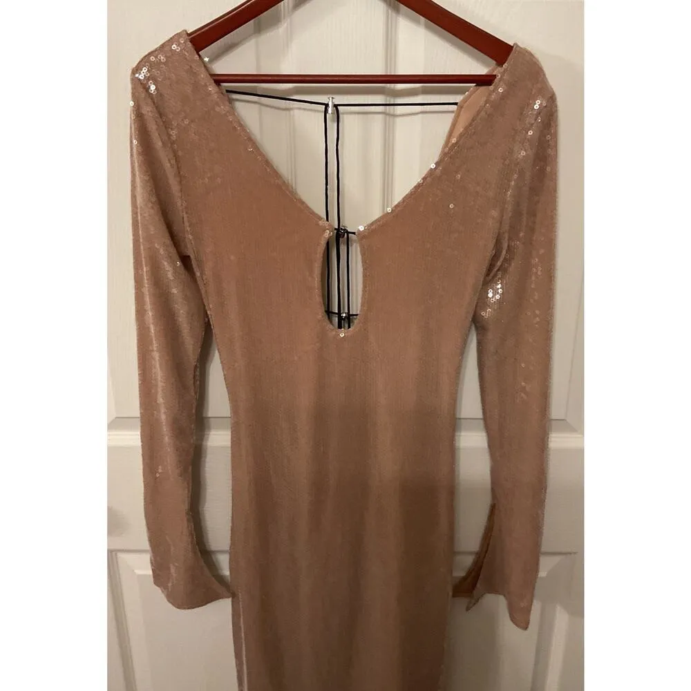 NWOT Meilun Deep V Dress Drawstring Long Sleeve Sequin Dress Long Gown, sz M Gold Size M - Image 9