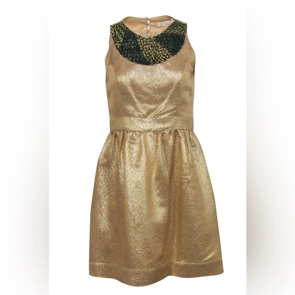 Shoshanna - Gold Brocade Mini Dress W/ Green & Golden Sequins Size 4 Women’s - Image 3