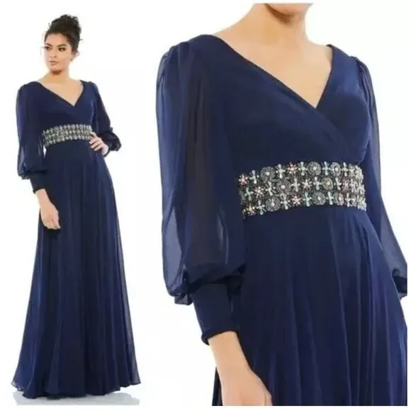 Mac Duggal Midnight Blue Beaded Belt Long Sleeve A-Line Gown Size 16 $598 - Image 2