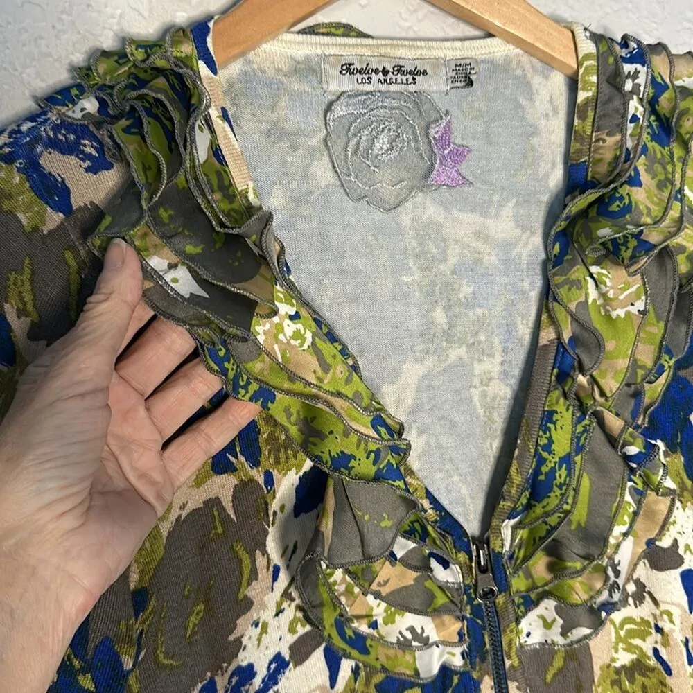 Vintage Green Camo Ruffle Full Zip Cardigan Twelve By Twelve LA Indie Artsy Boho Size M - Image 5