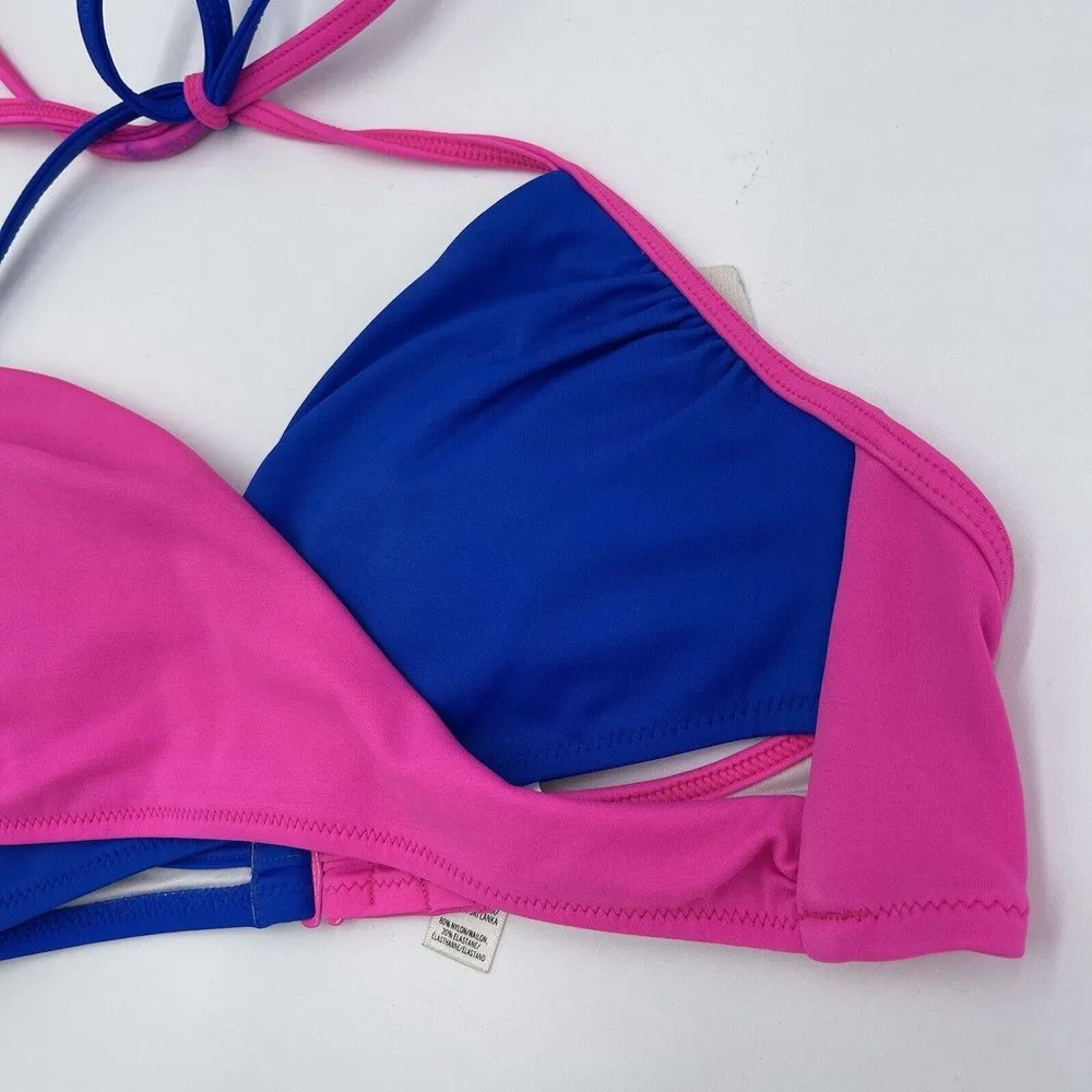 PINK Victoria's Secret Neon Pink & Blue Criss Cross Halter Bikini Top Size S - Image 3