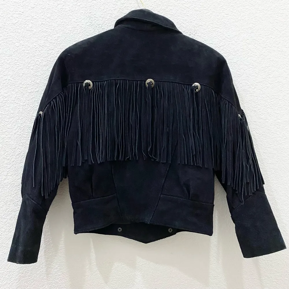 Vintage G4000 Black Fringe Conch Festival Western Leather Cropped Jacket Size S - Image 7
