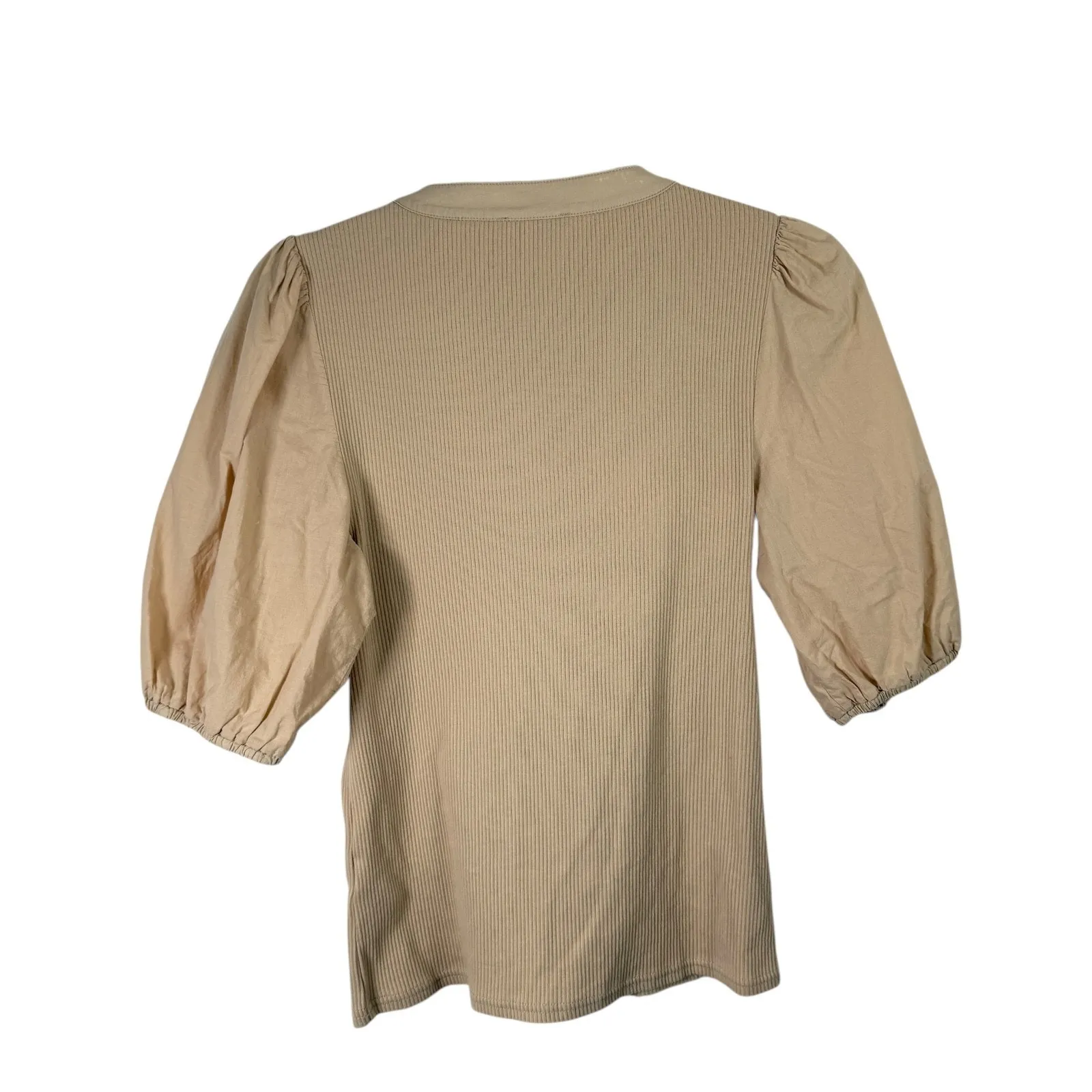 J Crew Vintage Rib Puff Sleeve Henley Top Beige Preppy Office Womens Medium - Image 7