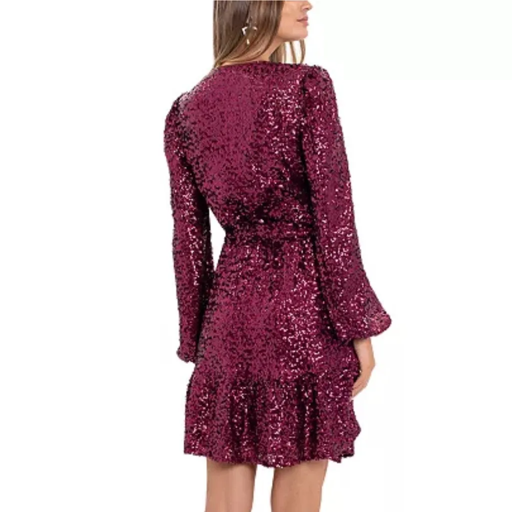 Betsy & Adam Sequins Long Sleeve Belted Mini Dress Sangria Red 10 - Image 2
