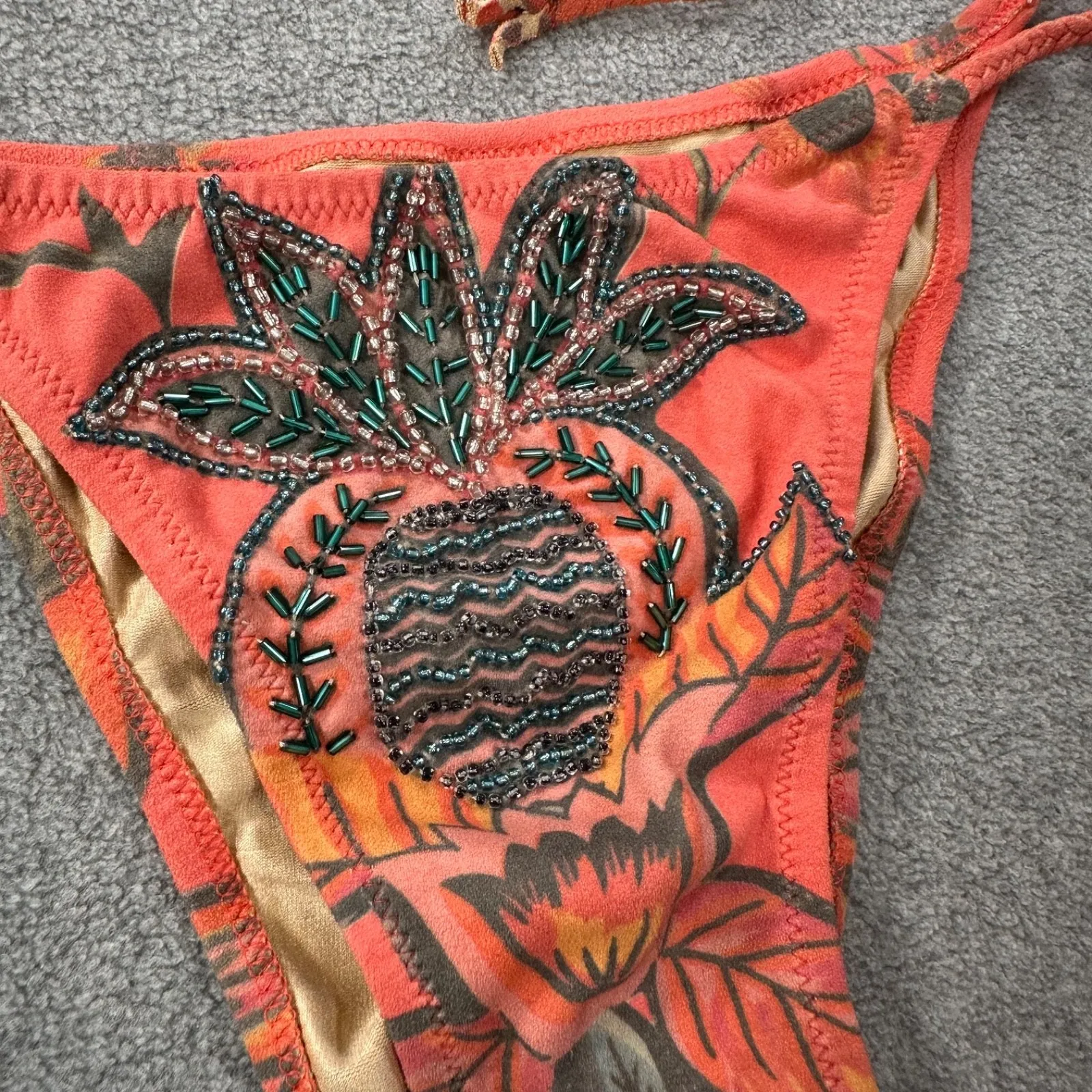 Pin Up Stars Beaded Pineapple String Bikini Womens Large Braided Coral Faux Sued Orange - Image 2