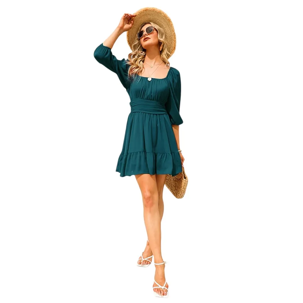 Exlura Green Square Neck Long Sleeve High Low Layered Hem Empire Waist Dress XL - Image 2