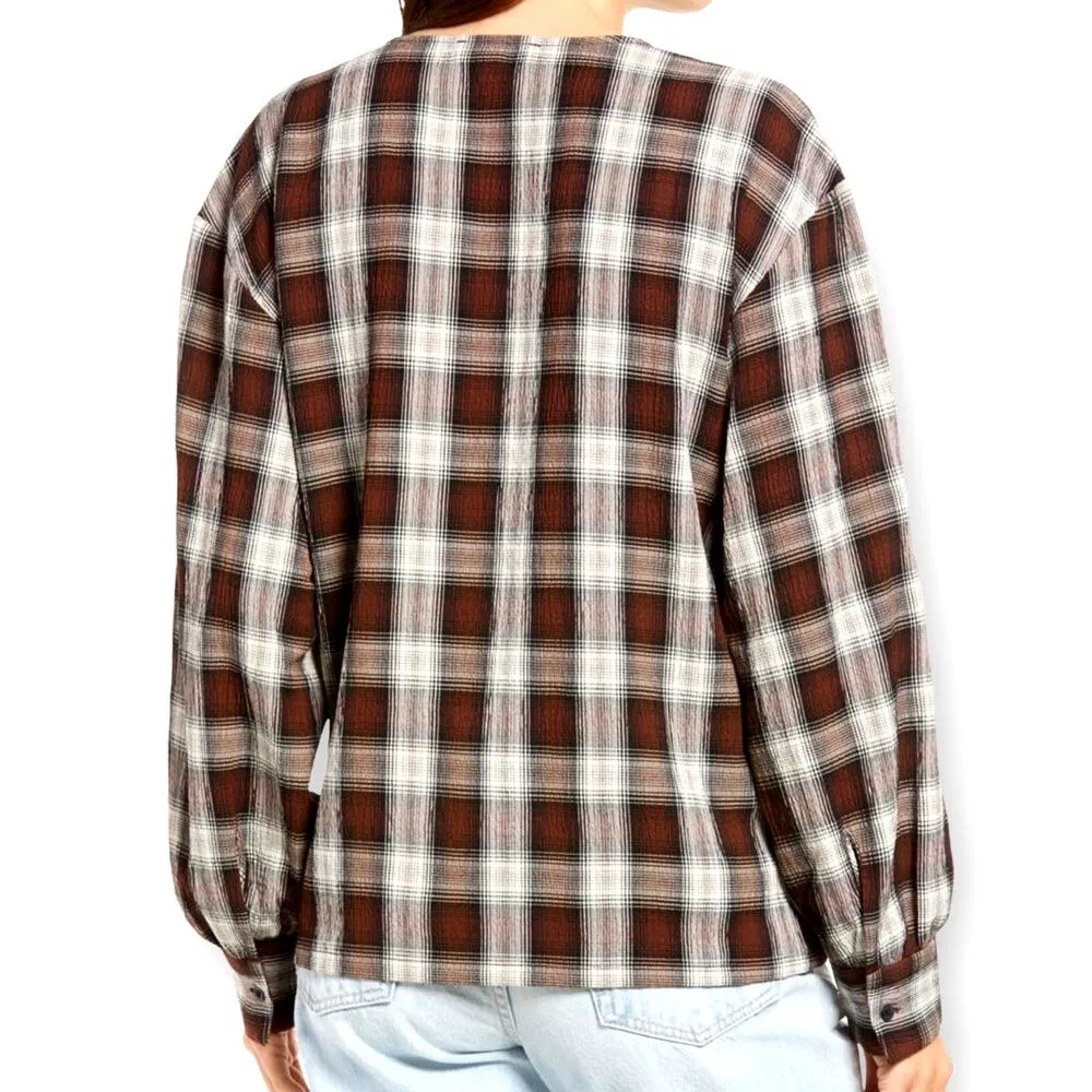 Treasure & Bond Plaid V Neck Button Up Long Sleeved Red White & Brown Boho Shirt - Image 3