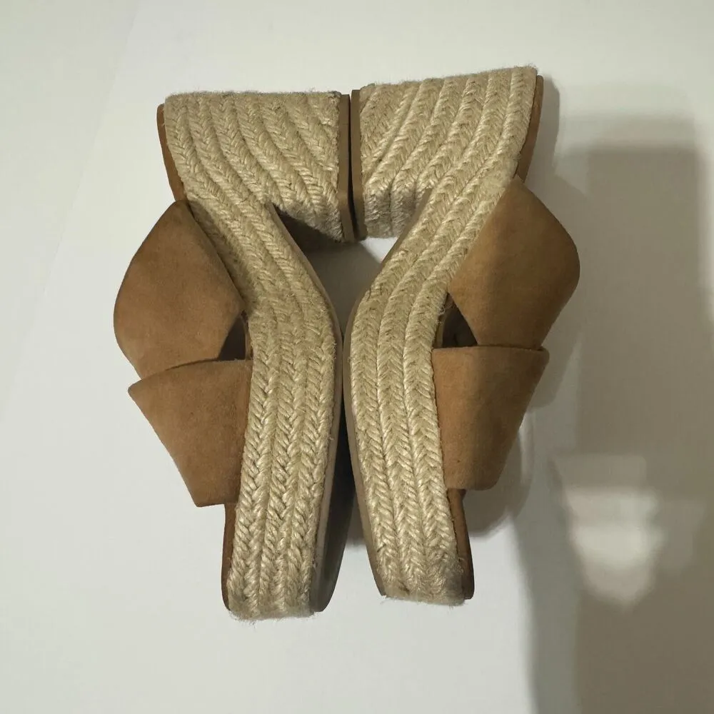 ZARA Women's Tan Suede Espadrille Sandals SZ 38/7.5 block platform heels slip on - Image 4