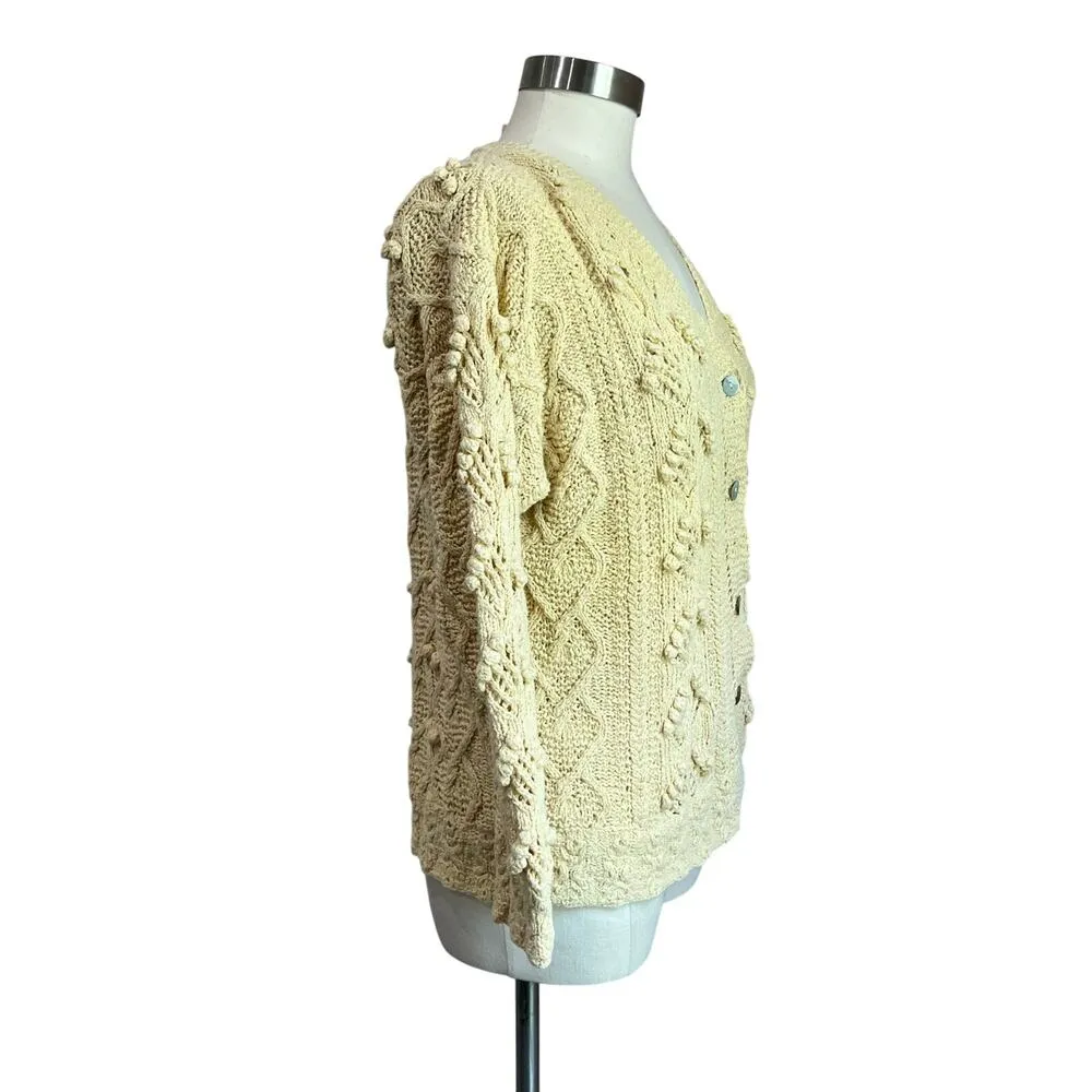 Vintage Laura Ashley Cotton French Knot Pom Crochet Knitted Cardigan Yellow SZ M - Image 3