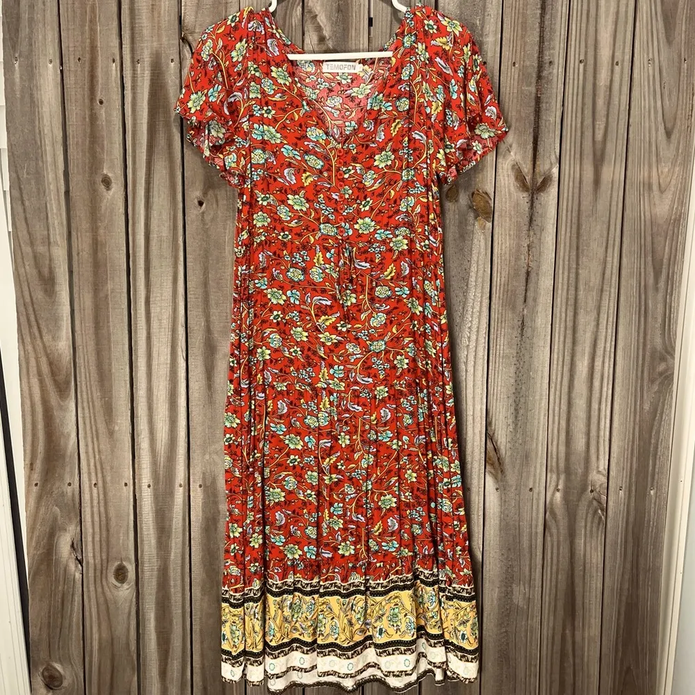 Prairie style dress small cottagecore floral print dress vneck tie waist Red - Image 2