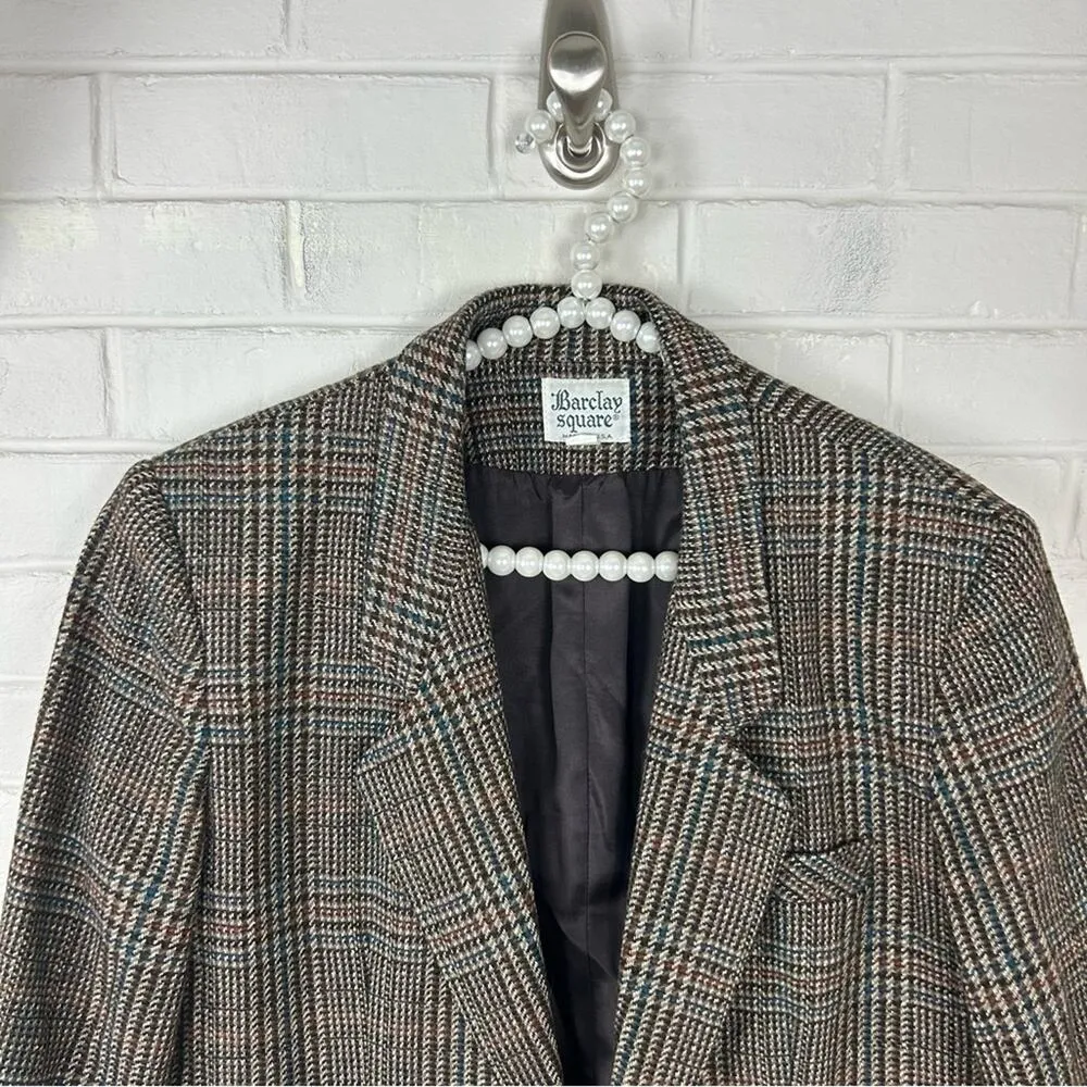 Vintage Barclay Square Tweed Herringbone Wool Blazer Brown Size L - Image 2