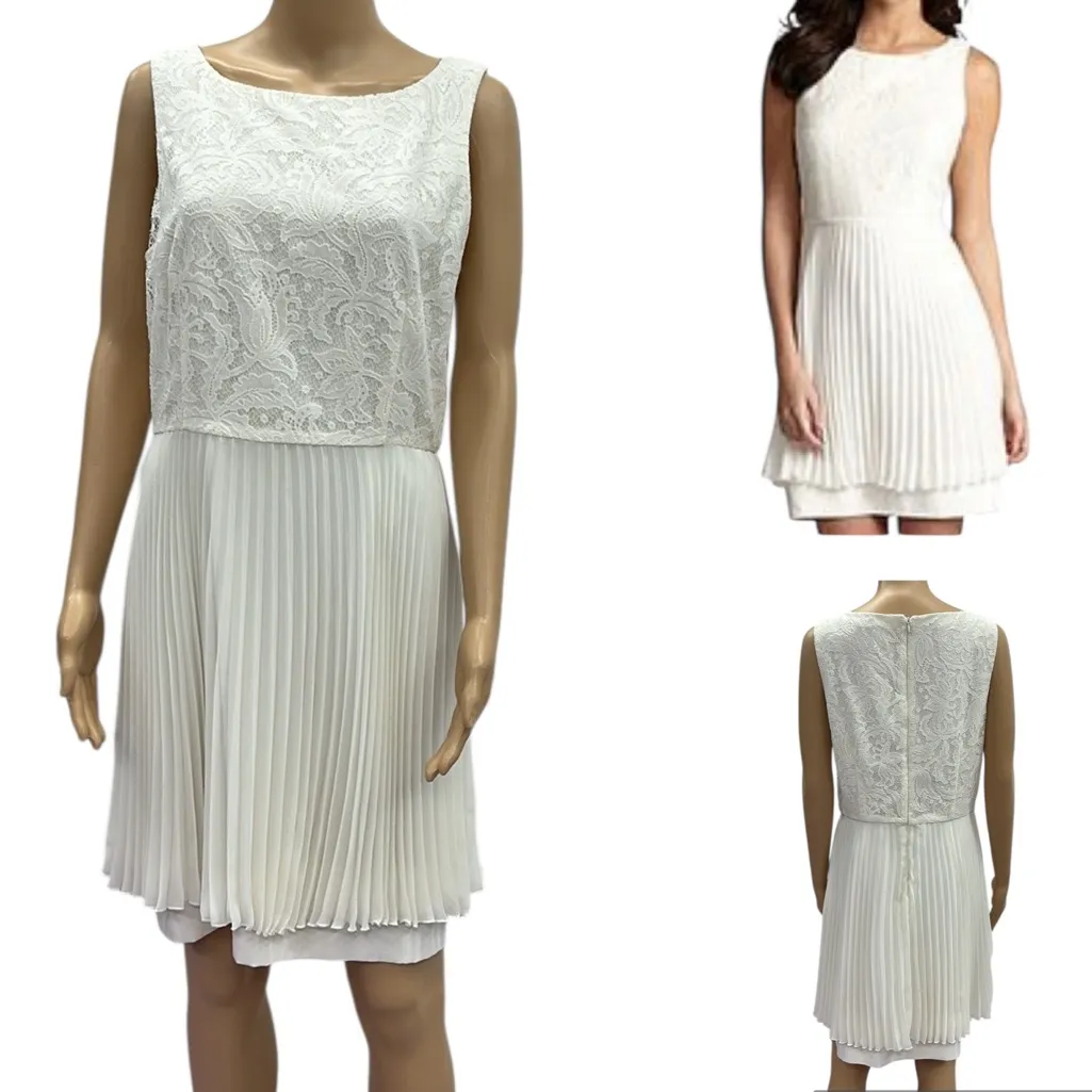 Gianni Bini Off White Cream Lace Pleated Zip Back Sleeveless Cocktail Dress 10 - Image 2