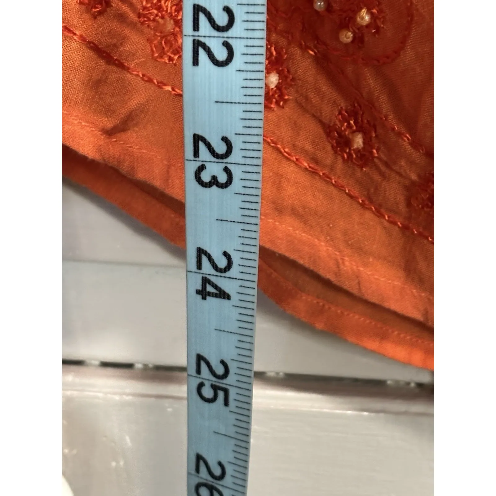 Magazine Orange Blouse Size L Sheer Long Sleeve Chiffon Tie Neck‎ Beads - Image 4