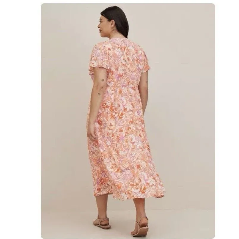 Torrid Coral‎ Floral Crinkle Gauze Lace Up Midi Dress Size 2X Pockets Tassels - Image 4