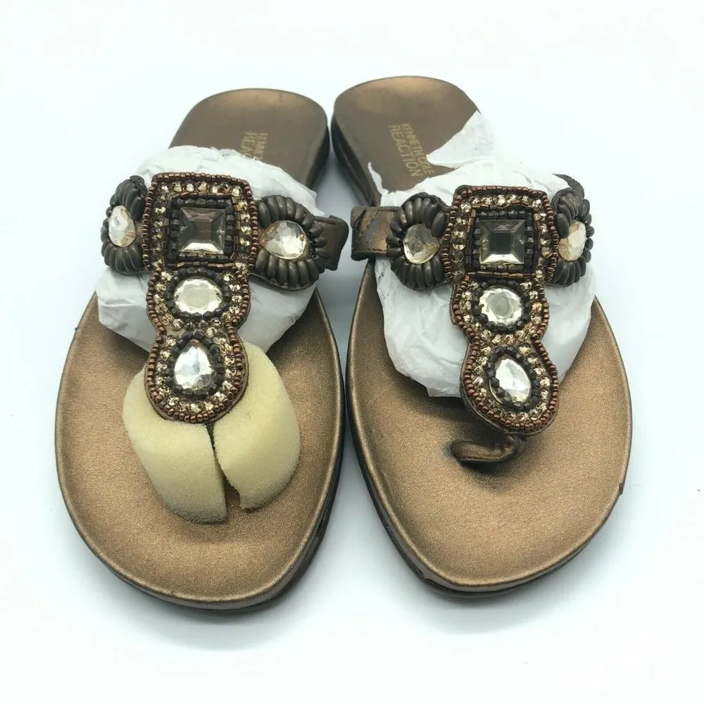 Kenneth Cole Reaction Womens Slide Sandals Thong Rhinestone Bronze Size 7 Gold - Image 2