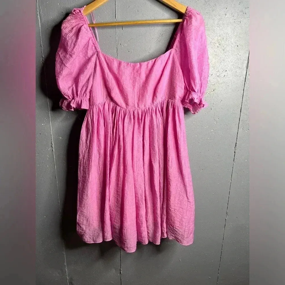Lush The Pink Dress, Babydoll dress with square neckline + puff sleeves.  Size S - Image 2