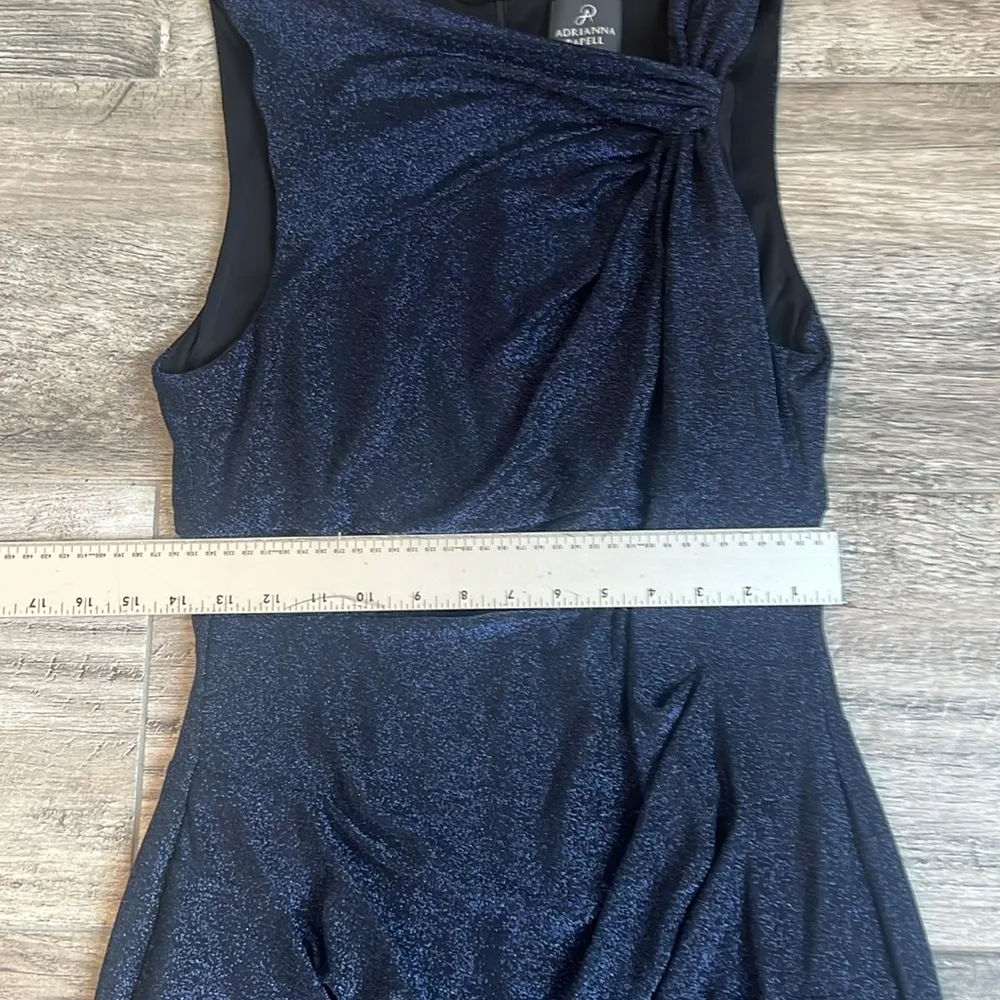 Adrianna Papell Crushed blue METALLIC JERSEY SHEATH Side Ruched DRESS Sz 12 #185 - Image 10