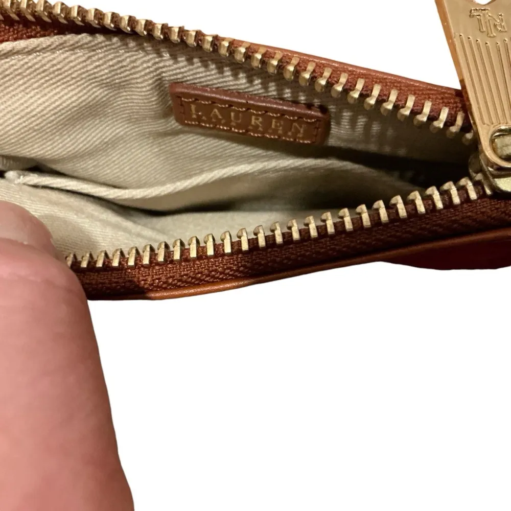 Ralph Lauren LRL red nylon with brown leather trim zipper wristlet gold hardware - Image 4