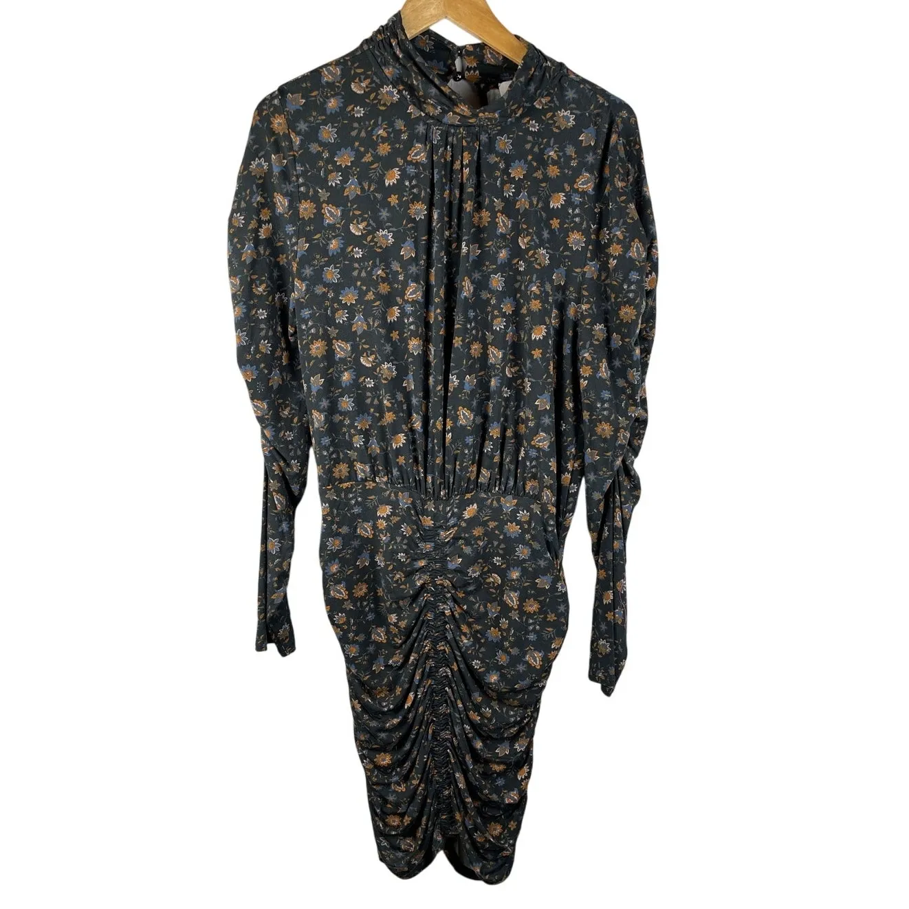 Evereve Lorelei Ruched Knit Black Floral‎ Dress Keyhole Back Stretch Size Large - Image 2