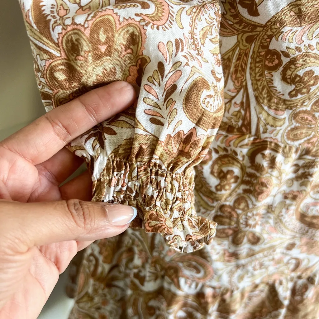 LUSANA Floral Paisley Wrap Mini Linen Dress Orange Size 4 - Image 4