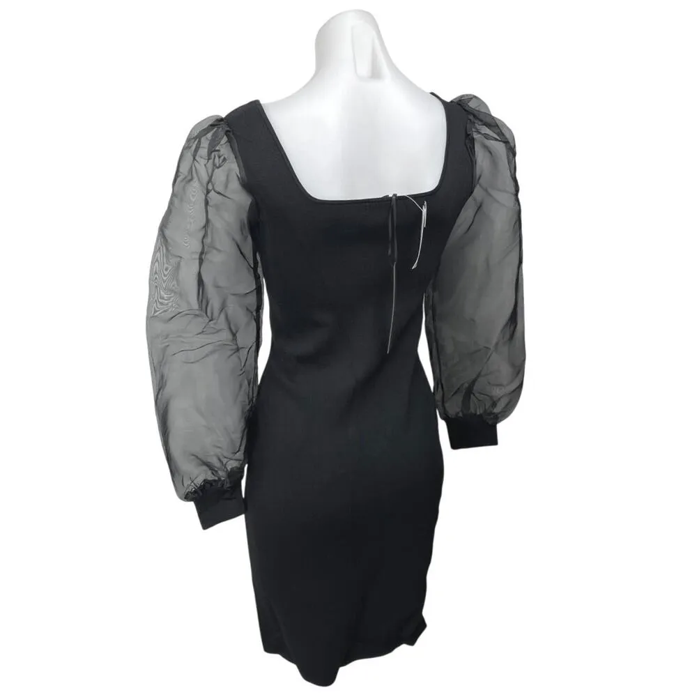 NEW House of Harlow 1960 Black Sheer Long Sleeve Mini Bodycon Sweater Dress XS - Image 2