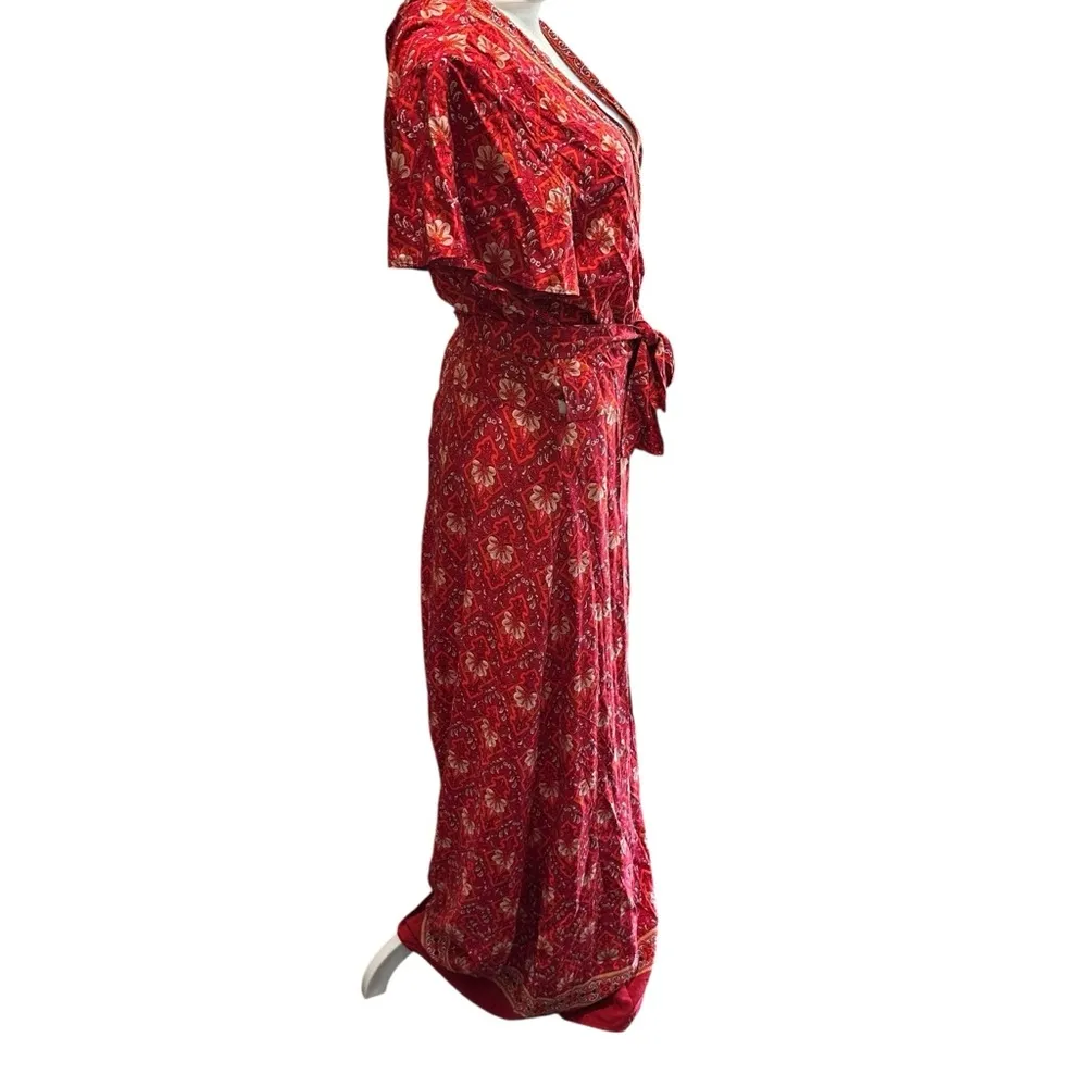 Chic Red Patterned Wraparound Maxi Dress - Image 2