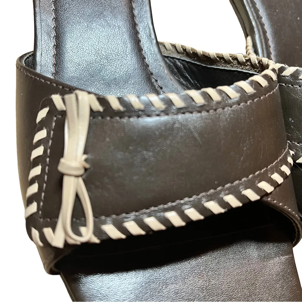 LOFT Dark Brown Heeled Mules Slides Cream Stitching Leather size 7 Classy - Image 7