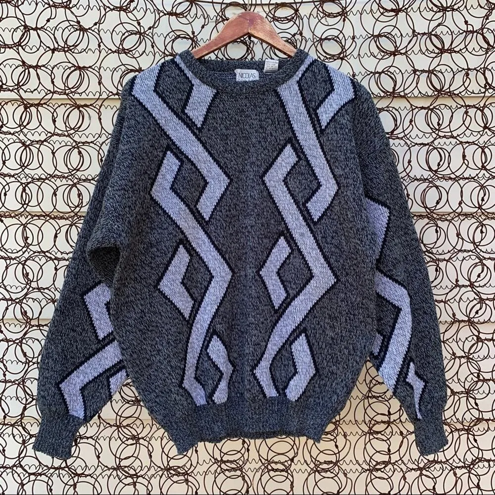 Vintage Nicolas Allen geometric argyle pattern sweater in shades of gray LARGE - Image 2