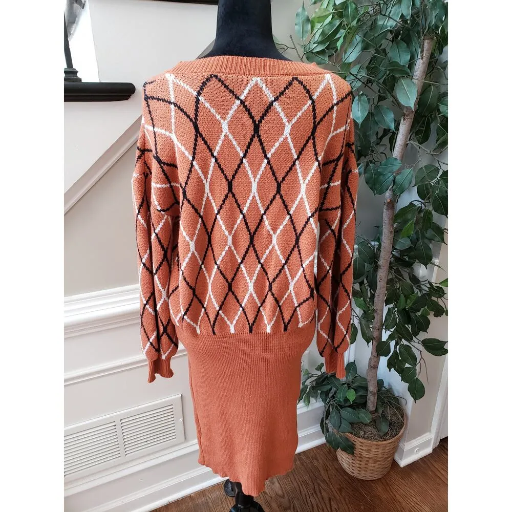 SHEIN Sweater Dress Women's Size 12 Orange Argyle Pattern Drop Shoulder Pullover - Image 6