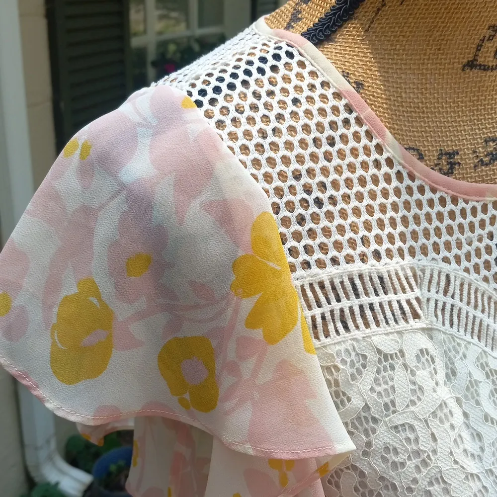 Anthropolgie HD in Paris Flutter Flores Blouse Pink and Mustard Floral Print - Image 6