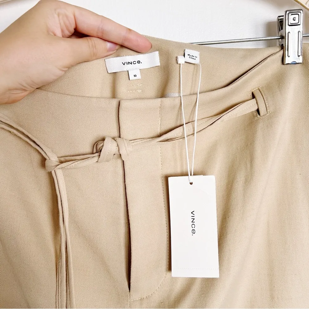 Vince • High Waist Belted Straight Leg Pants tan khaki rayon linen trousers - Image 5