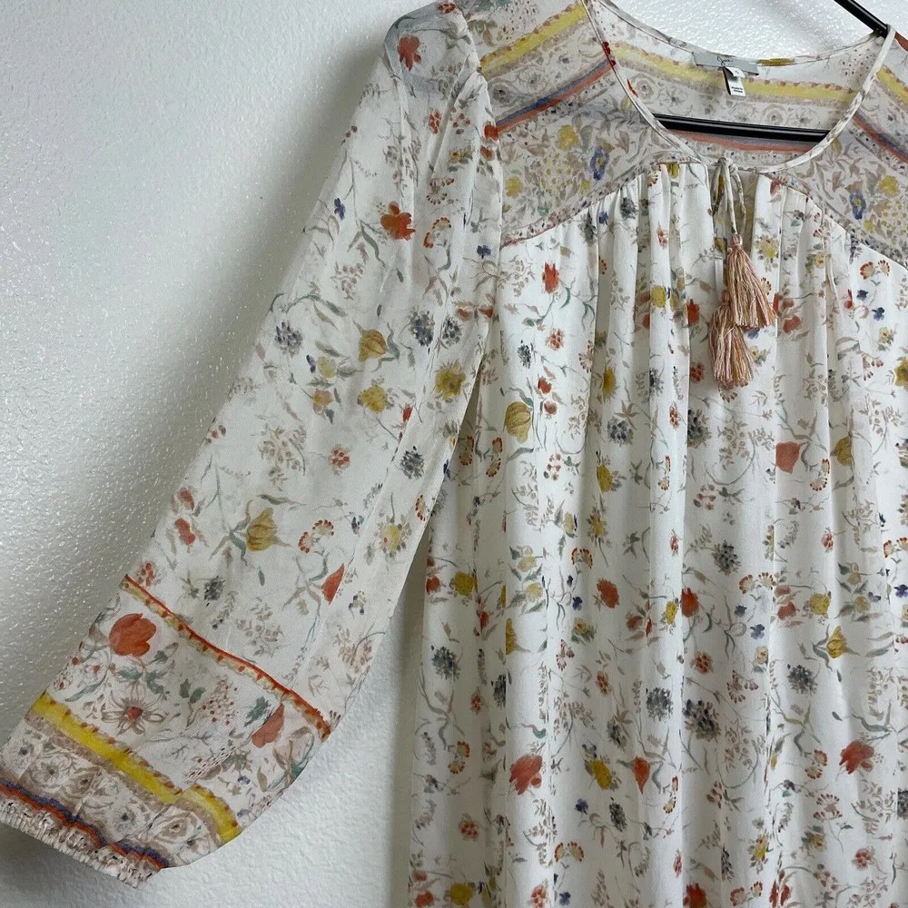 Joie Vesta Dress Small Womens Silk Floral Lined Sheer Boho Tassel Tie Porcelaine - Image 7