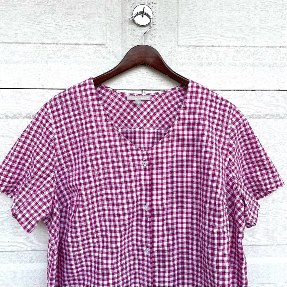 Woman Within Womens Shirt Blouse Pink White Plaid Short Sleeve Button Up Plus 1X - Image 4