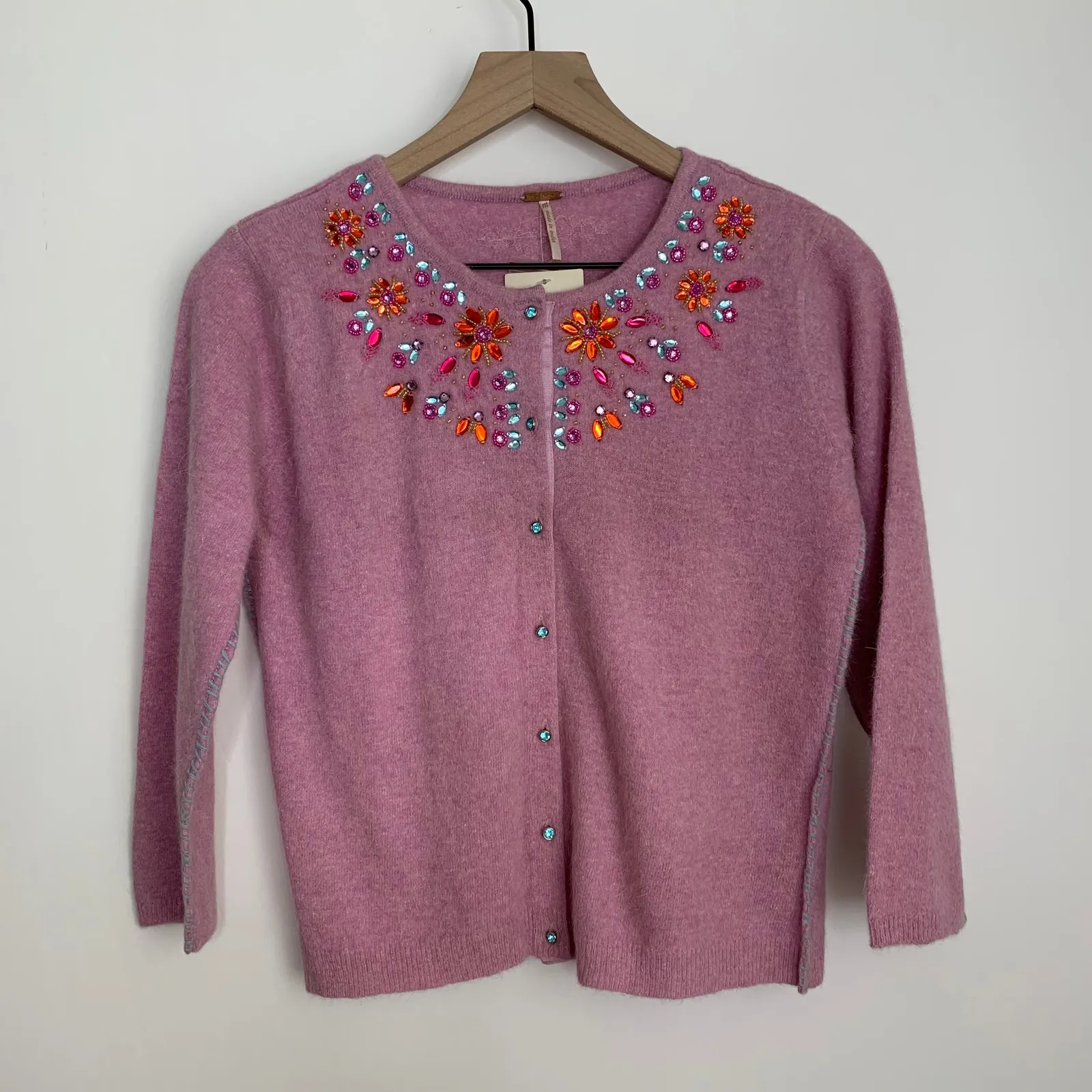 Free People Pink Embroidered Cardigan Sweater Womens Medium New Lilac - Image 2