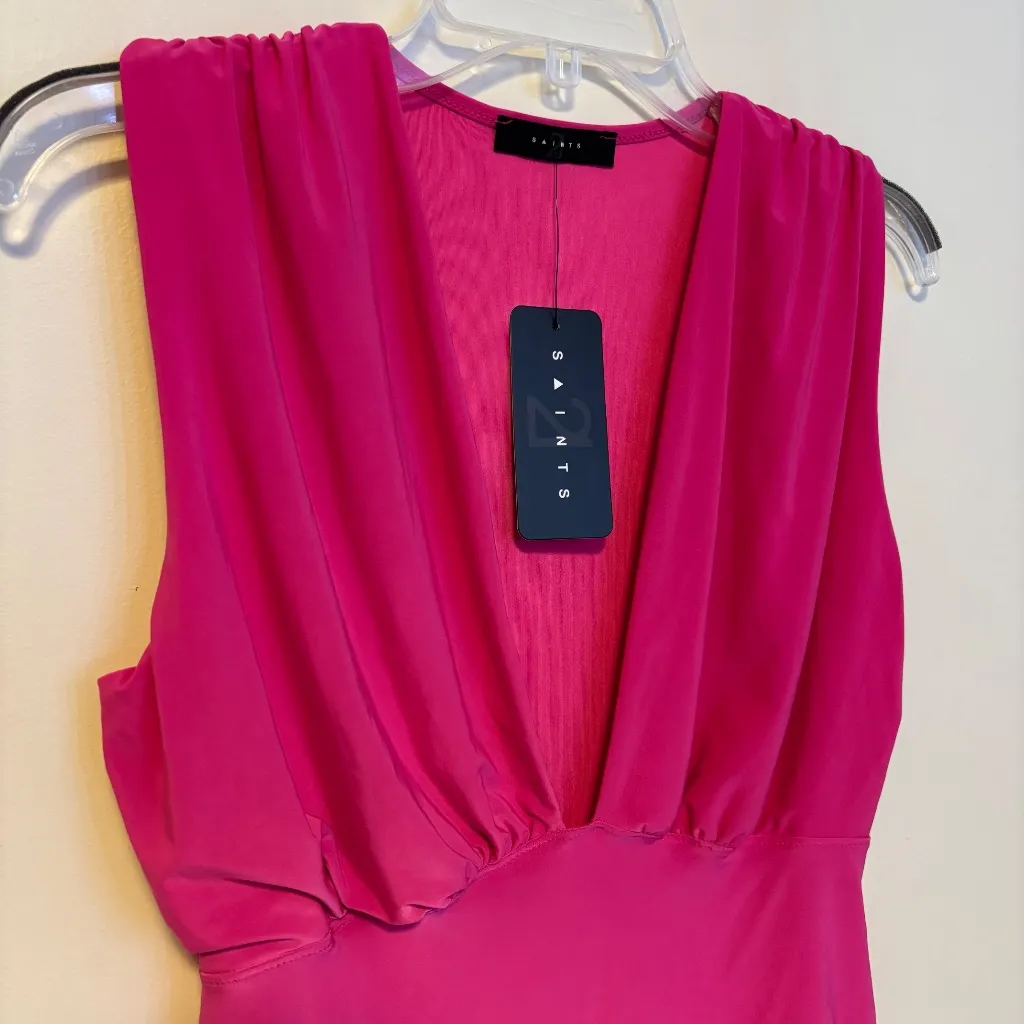 21 Saints Plunging V Neck Sleeveless Elastic Stretchy Bodysuit Hot Pink Large - Image 3