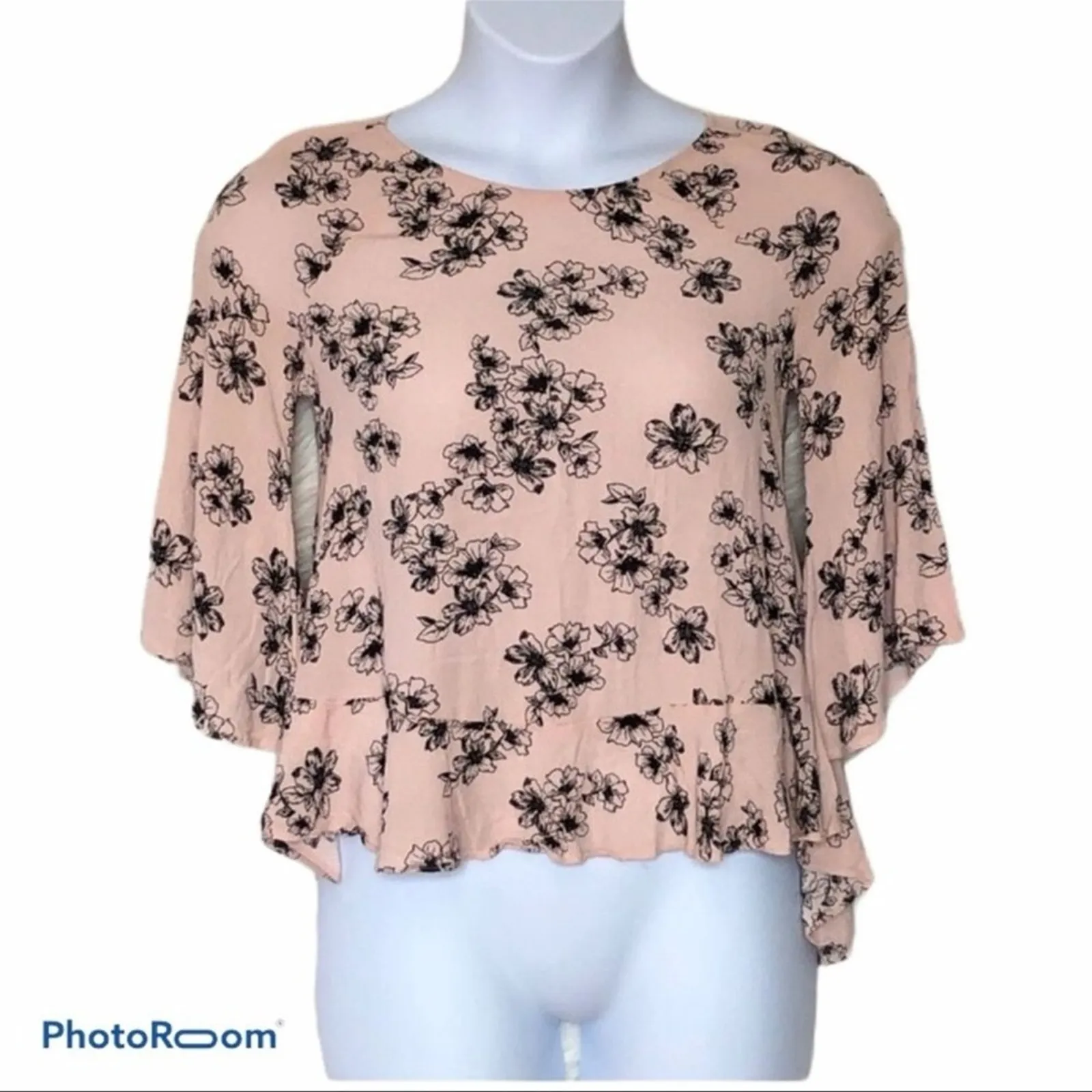 a.n.a Pink Black Floral Ruffle Hi-Low Blouse XS Y2K Babydoll - Image 2