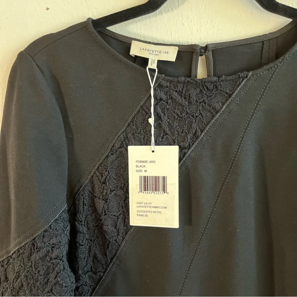 Lafayette 148 Dress Black 3/4 Sleeve Embroidered Lace Cut Outs Mini Sz M NWT - Image 3