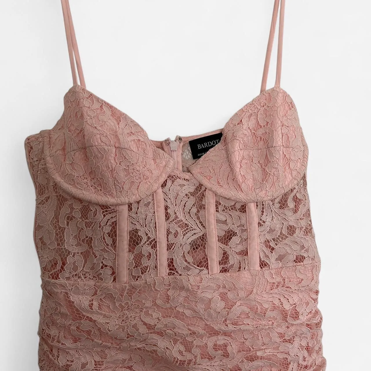 Bardot Danni Lace corset waist mini dress with frill hem in soft pink lace M - Image 4