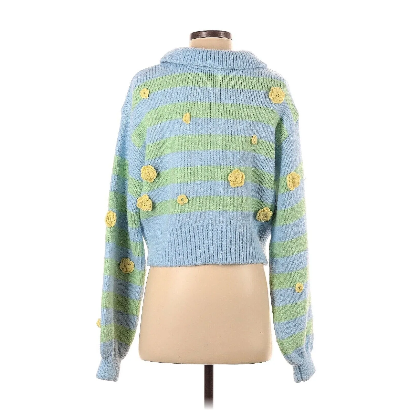ZARA Blue Yellow Stripe Floral Embroidered Knit Polo Sweater  - S - Image 2