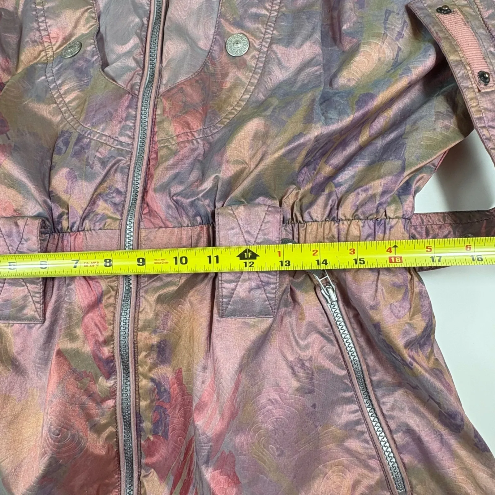 Obermeyer Women Vtg Ski Jacket Hooded Pink Purple Metallic Paisley Full Zip Sz L - Image 14