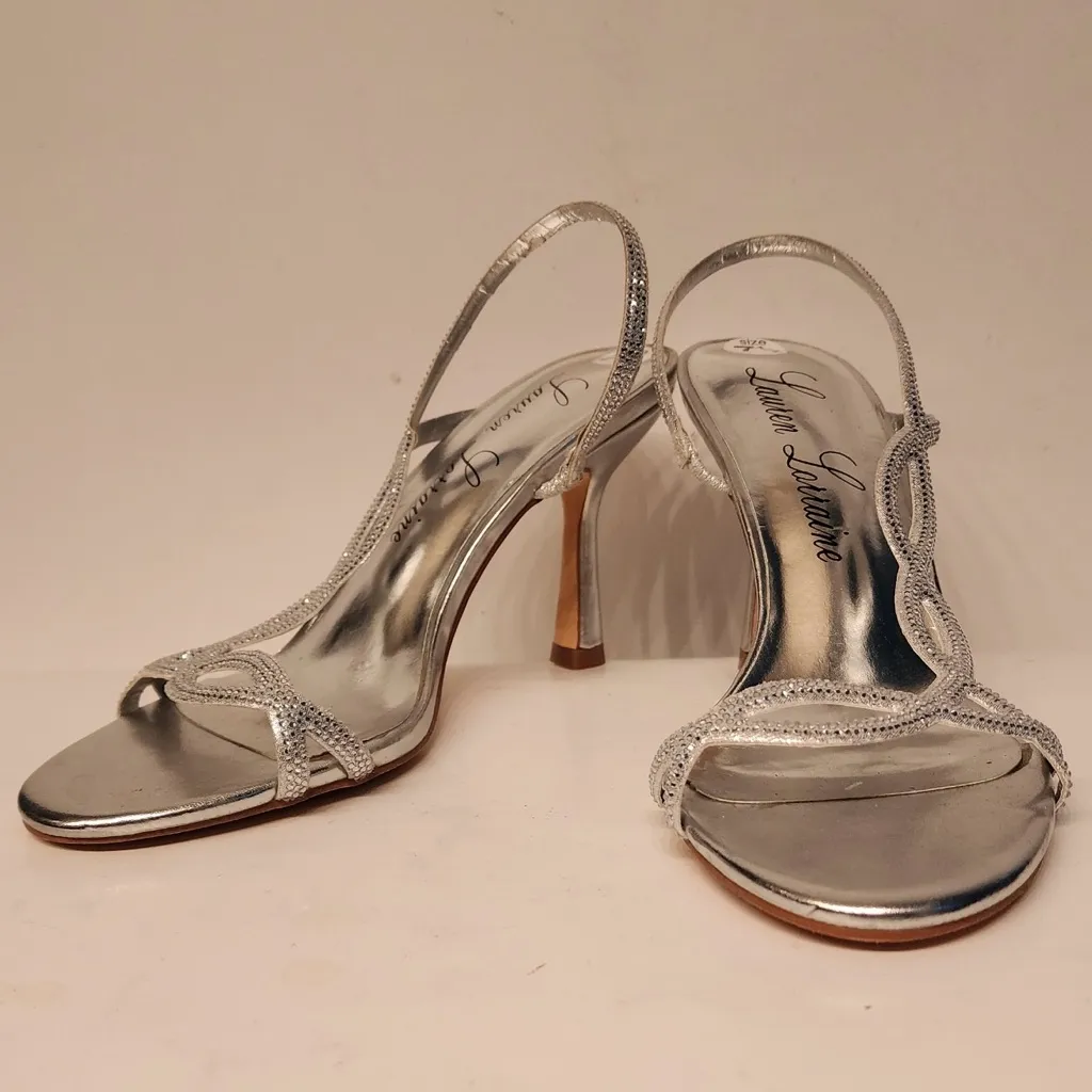 Lauren Lorraine Malaga Rhinestone Slingback Stiletto Sandals Silver Heels Sz 7.5 - Image 3