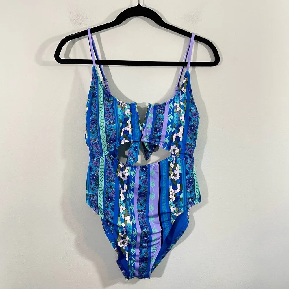 Lucky Brand Women's Blue Floral Graphics V-neck Cutout One Piece Swimsuit Size L - Image 2