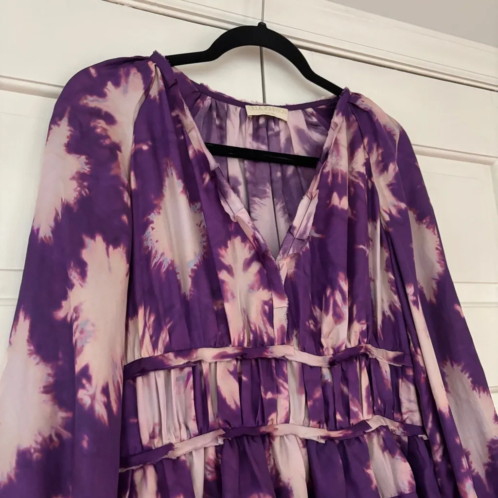 Ulla‎ Johnson Emery Dress Cassis Blur Silk Ruffles Purple Cream Tie Dye Size 4 - Image 3