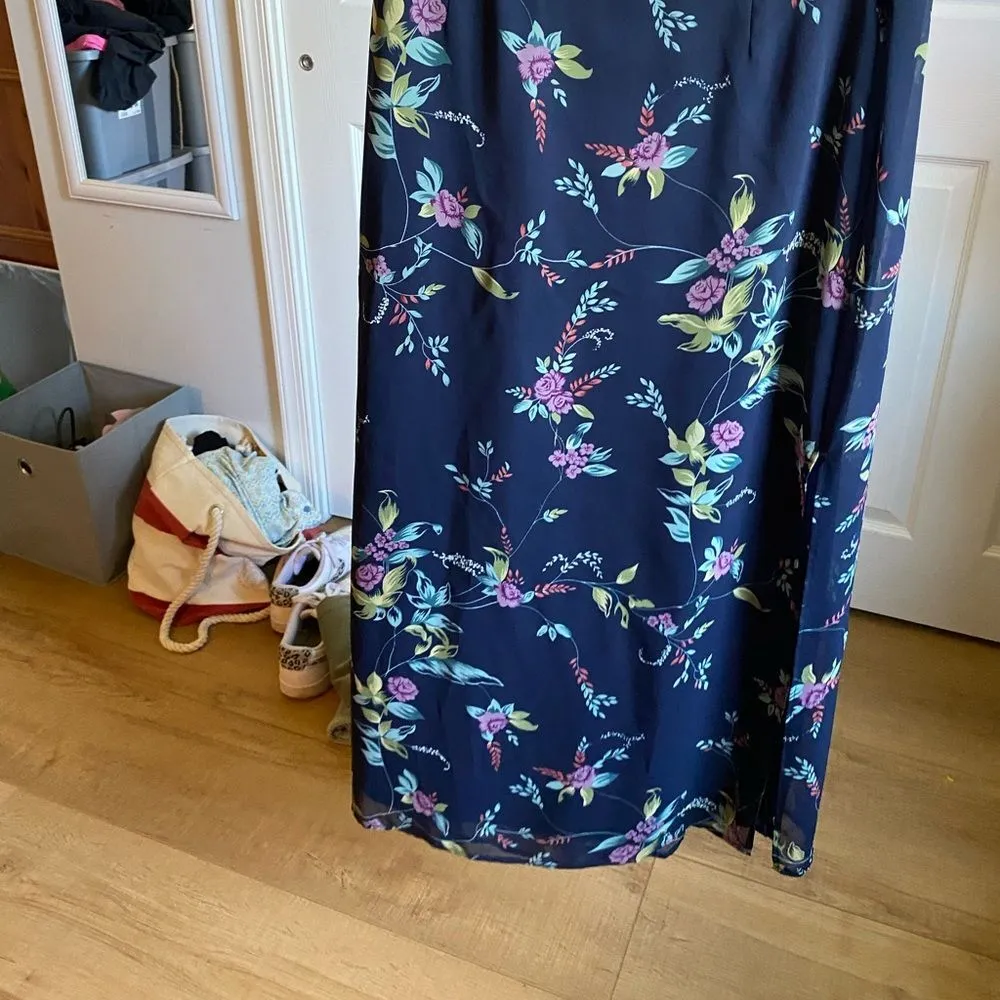 Bice 100 % polyester size 12 vintage retro blue floral maxi midi skirt lined - Image 4