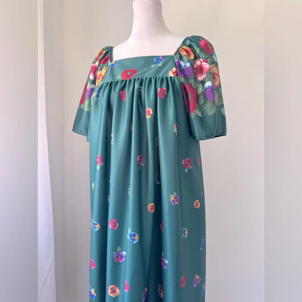 NWT Carriage Court Dark Teal Floral Print Square Neck Relaxed Fit Midi Dress Blue Size M - Image 4