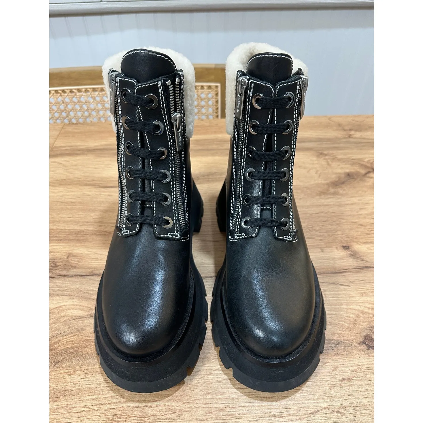 3.1 Phillip Lim Kate Lug Sole Double Zip Shearling Boots Leather 7 US 38 EU NWOB - Image 4